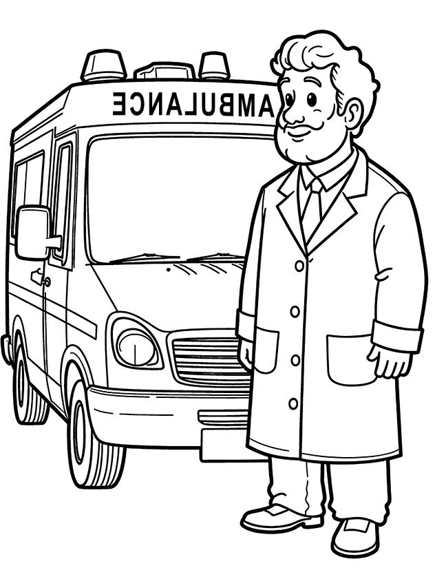 Ambulance and doctor coloring page